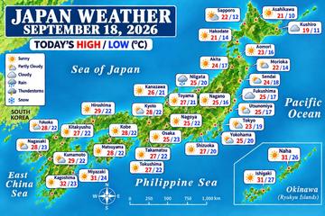 Japan weather map, Friday, September 18, 2026