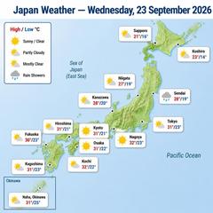 Japan weather map, Wednesday, September 23, 2026