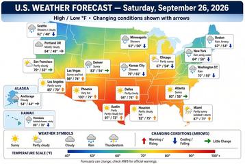 United States weather map, Saturday, September 26, 2026