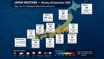 Japan weather map, Monday, September 28, 2026