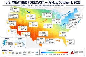 United States weather map, Thursday, October 1, 2026