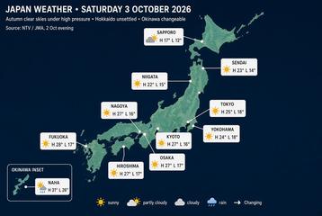 Japan weather map, Saturday, October 3, 2026