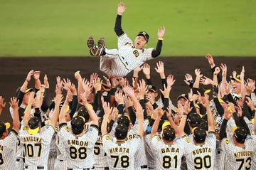 Hanshin players toss their manager in the air at Koshien after clinching the Central League pennant