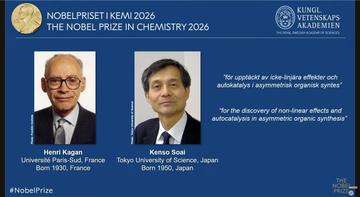 Henri Kagan, left, of the Université Paris-Sud, and Kenso Soai of Tokyo University of Science, the 2026 laureates in chemistry